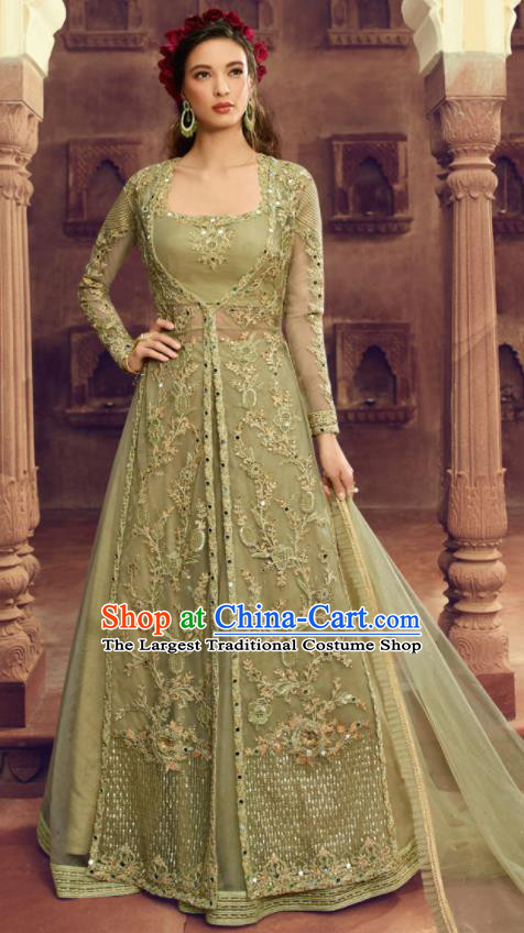 Asian Indian Festival Light Green Embroidered Dress India Bollywood Traditional Lehenga Court Costumes for Women