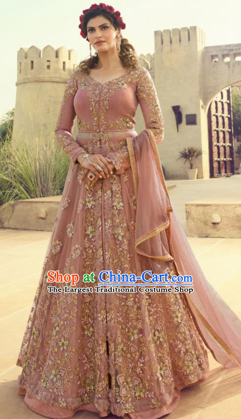 Asian Indian Festival Pink Embroidered Dress India Bollywood Traditional Lehenga Court Costumes for Women