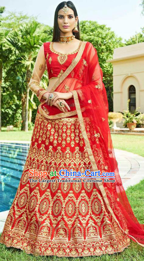 Asian Indian Bollywood Embroidered Wedding Red Cotton Silk Dress India Traditional Festival Lehenga Court Costumes for Women