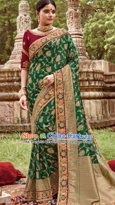 Asian Indian Bollywood Bride Embroidered Green Sari Dress India Traditional Court Wedding Costumes for Women