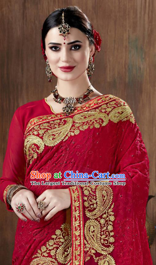 Asian Indian National Bollywood Red Georgette Embroidered Sari Dress India Traditional Costumes for Women