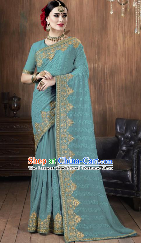 Asian Indian National Bollywood Blue Georgette Embroidered Sari Dress India Traditional Costumes for Women