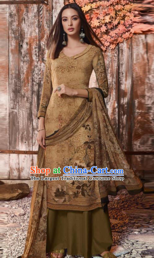 Asian Indian Traditional Printing Brown Crepe Blouse and Pants India Punjabis Lehenga Choli Costumes Complete Set for Women