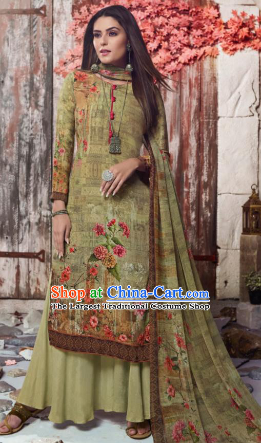 Asian Indian Traditional Printing Olive Green Crepe Blouse and Pants India Punjabis Lehenga Choli Costumes Complete Set for Women