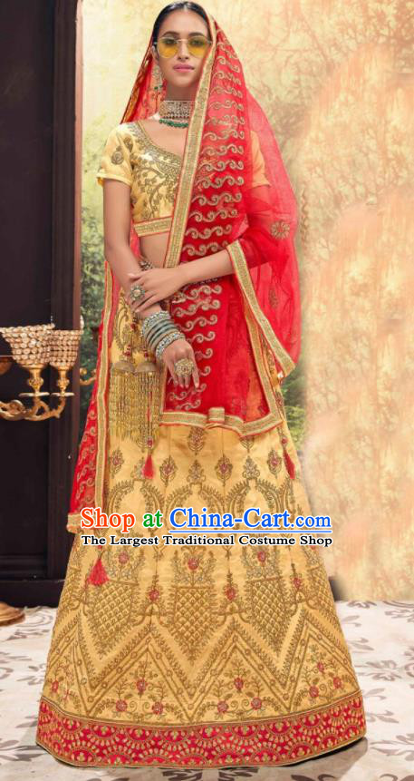 Asian Indian National Wedding Lehenga Light Golden Embroidered Dress India Bollywood Traditional Costumes for Women