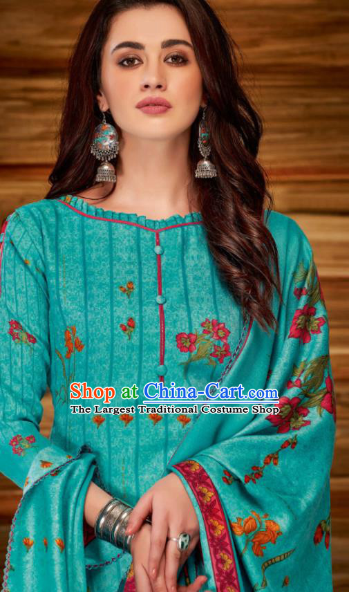 Asian Indian Bollywood Traditional Lake Blue Pashmina Blouse and Pants India Punjabis Lehenga Choli Costumes Complete Set for Women