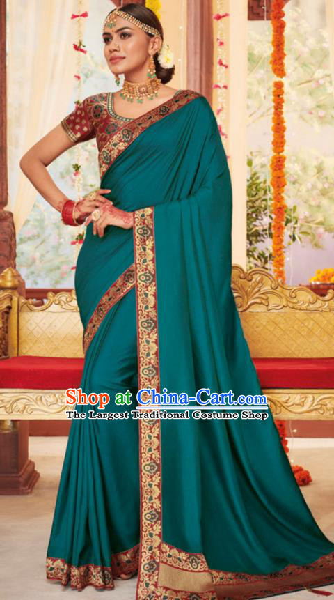 Asian Traditional Indian Festival Peacock Green Silk Sari Dress India National Lehenga Bollywood Costumes for Women