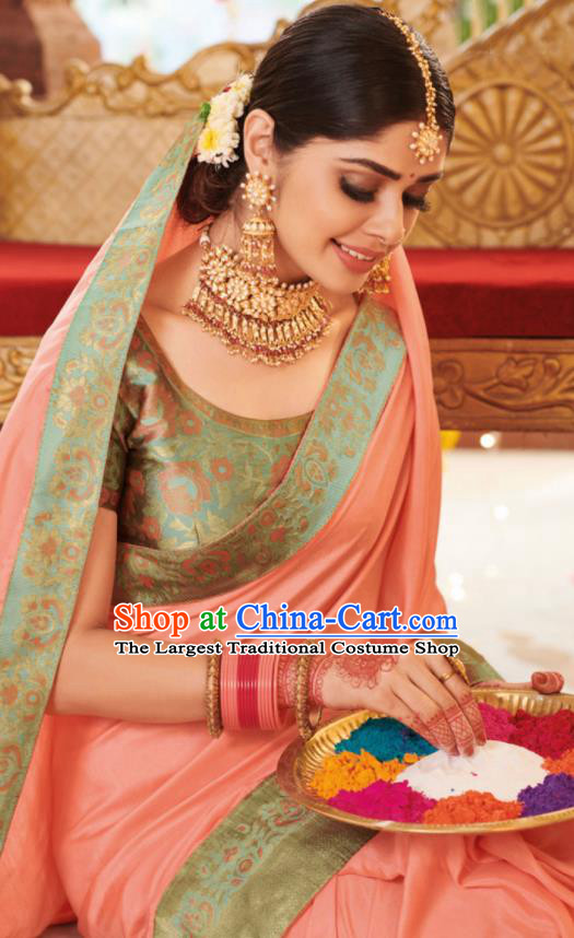 Asian Traditional Indian Festival Pink Silk Sari Dress India National Lehenga Bollywood Costumes for Women