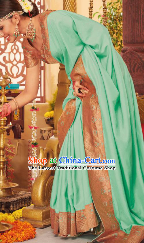Asian Traditional Indian Festival Green Silk Sari Dress India National Lehenga Bollywood Costumes for Women