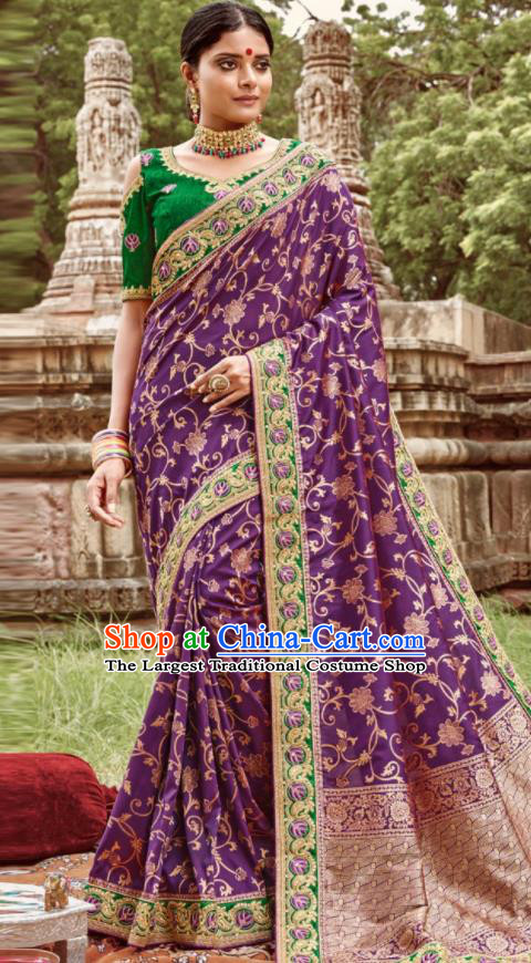 Asian Indian Bollywood Bride Embroidered Purple Sari Dress India Traditional Court Wedding Costumes for Women