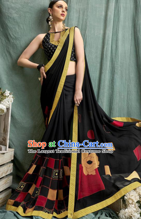 Asian Indian Bollywood Printing Black Chiffon Sari Dress India Traditional Costumes for Women