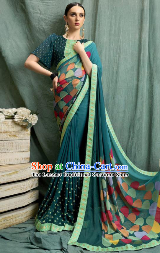 Asian Indian Bollywood Printing Green Chiffon Sari Dress India Traditional Costumes for Women