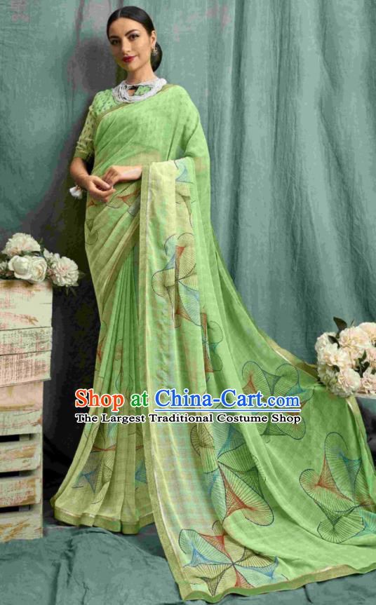 Asian Indian Bollywood Printing Light Green Chiffon Sari Dress India Traditional Costumes for Women