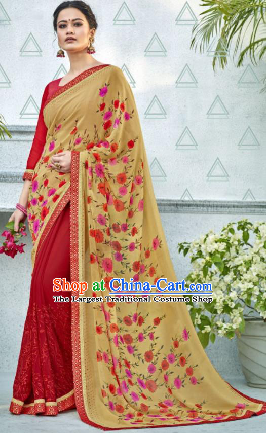 Asian Indian Bollywood Embroidered Ginger Chiffon Sari Dress India Traditional Costumes for Women