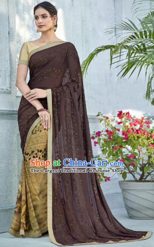 Asian Indian Bollywood Embroidered Brown Chiffon Sari Dress India Traditional Costumes for Women