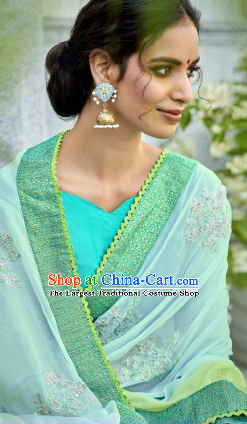 Asian Indian Bollywood Embroidered Light Blue Chiffon Sari Dress India Traditional Costumes for Women