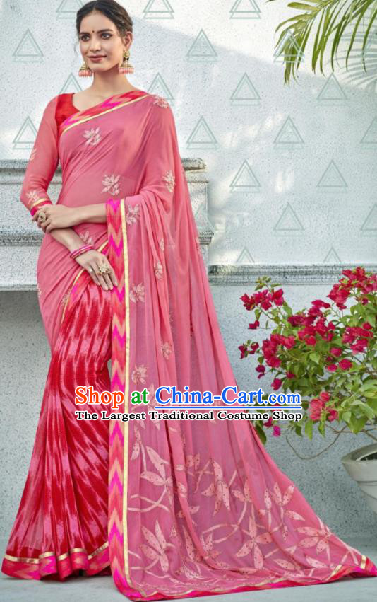 Asian Indian Bollywood Embroidered Pink Chiffon Sari Dress India Traditional Costumes for Women