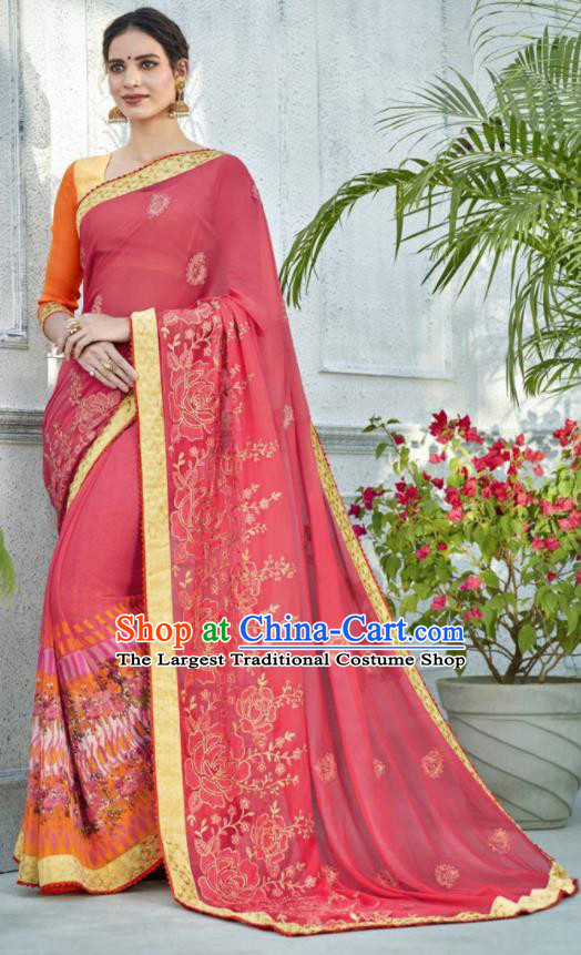 Asian Indian Bollywood Embroidered Peach Pink Chiffon Sari Dress India Traditional Costumes for Women