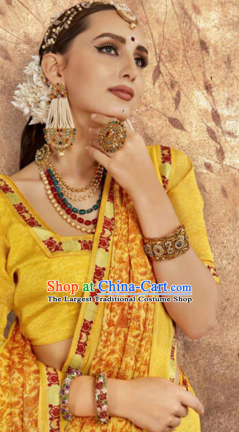 Asian Indian National Bollywood Printing Yellow Chiffon Sari Dress India Traditional Costumes for Women