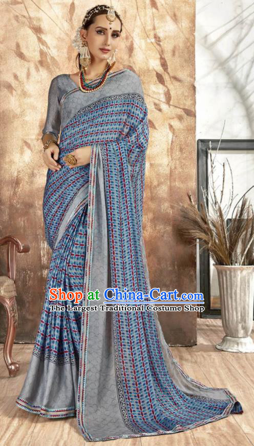 Asian Indian National Bollywood Printing Blue Chiffon Sari Dress India Traditional Costumes for Women
