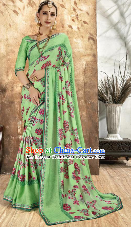 Asian Indian National Bollywood Printing Light Green Chiffon Sari Dress India Traditional Costumes for Women