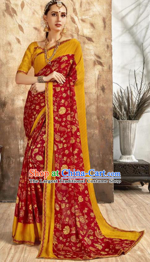 Asian Indian National Bollywood Printing Red Chiffon Sari Dress India Traditional Costumes for Women