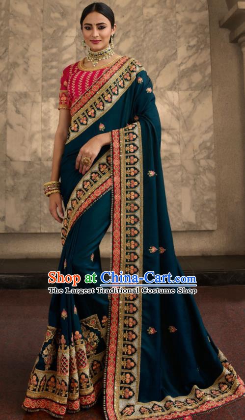 Asian Traditional Indian Court Embroidered Peacock Blue Silk Sari Dress India National Festival Bollywood Costumes for Women