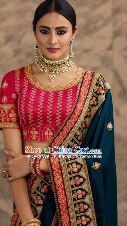 Asian Traditional Indian Court Embroidered Peacock Blue Silk Sari Dress India National Festival Bollywood Costumes for Women