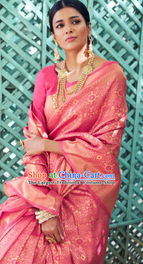 Asian Traditional Indian Court Queen Peach Pink Silk Sari Dress India National Festival Bollywood Costumes for Women