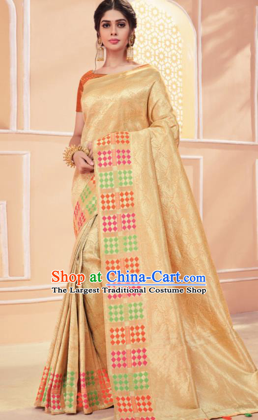 Asian Traditional Indian Light Golden Art Silk Sari Dress India National Festival Bollywood Costumes for Women