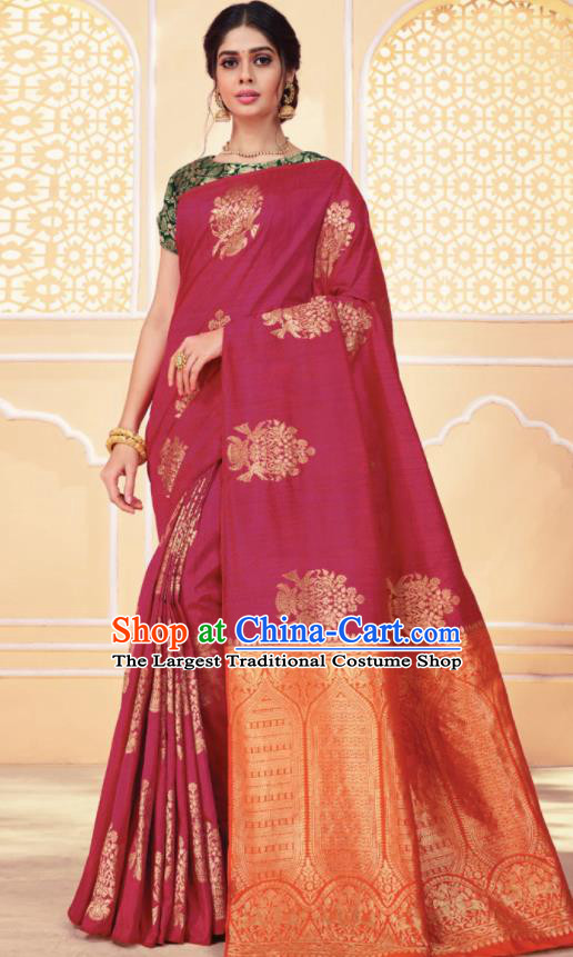 Asian Traditional Indian Rosy Art Silk Sari Dress India National Festival Bollywood Costumes for Women