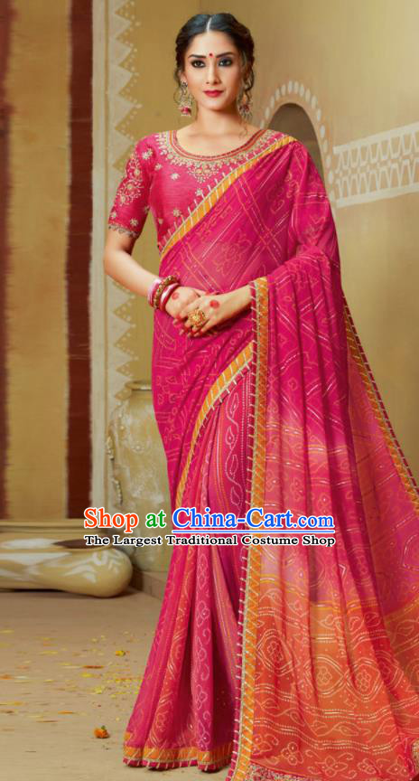 Traditional Indian Rosy Georgette Sari Dress Asian India National Festival Bollywood Costumes for Women