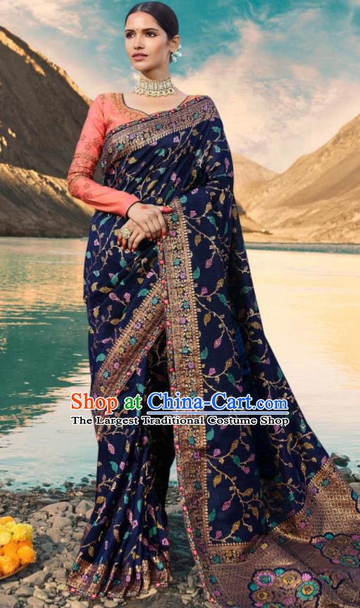 Traditional Indian Navy Silk Sari Dress Asian India National Festival Bollywood Costumes for Women
