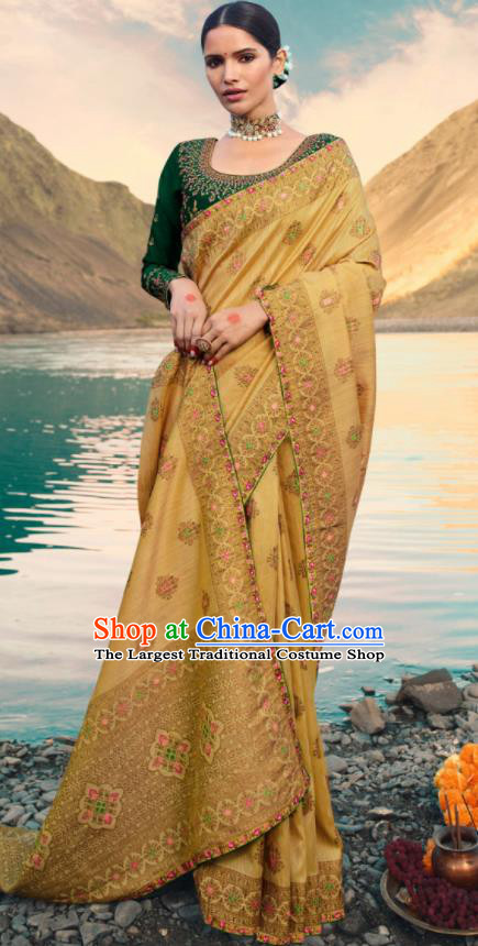 Traditional Indian Yellow Silk Sari Dress Asian India National Festival Bollywood Costumes for Women