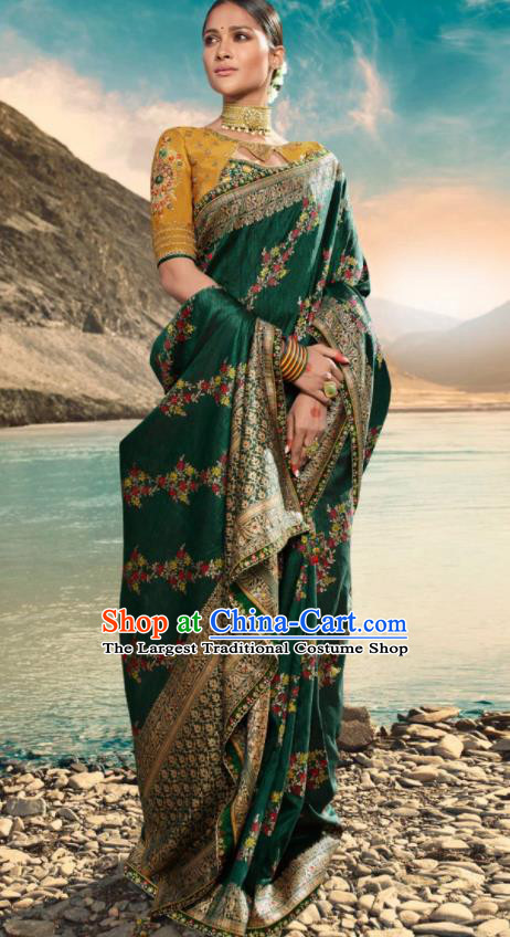 Traditional Indian Atrovirens Silk Sari Dress Asian India National Festival Bollywood Costumes for Women