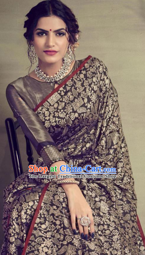 Traditional Indian Patrician Black Silk Sari Dress Asian India National Festival Bollywood Costumes for Women