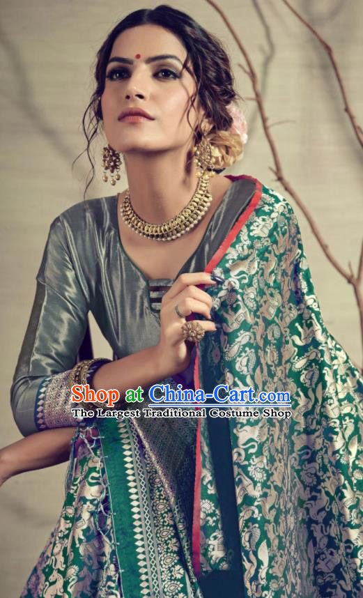 Traditional Indian Patrician Green Silk Sari Dress Asian India National Festival Bollywood Costumes for Women