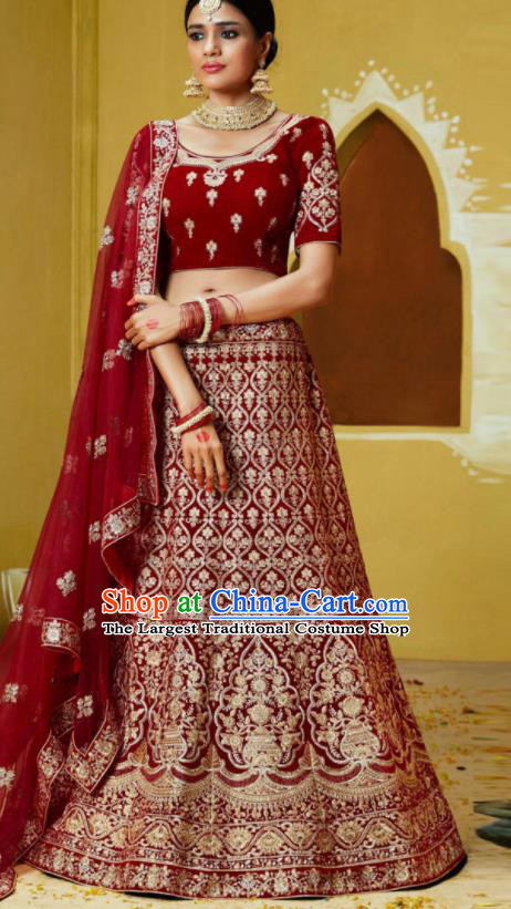 Indian Traditional Wedding Lehenga Embroidered Wine Red Velvet Dress Asian India National Festival Costumes for Women