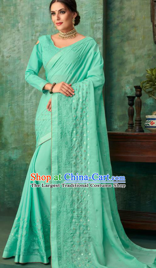 Indian Traditional Wedding Embroidered Green Sari Dress Asian India National Festival Costumes for Women
