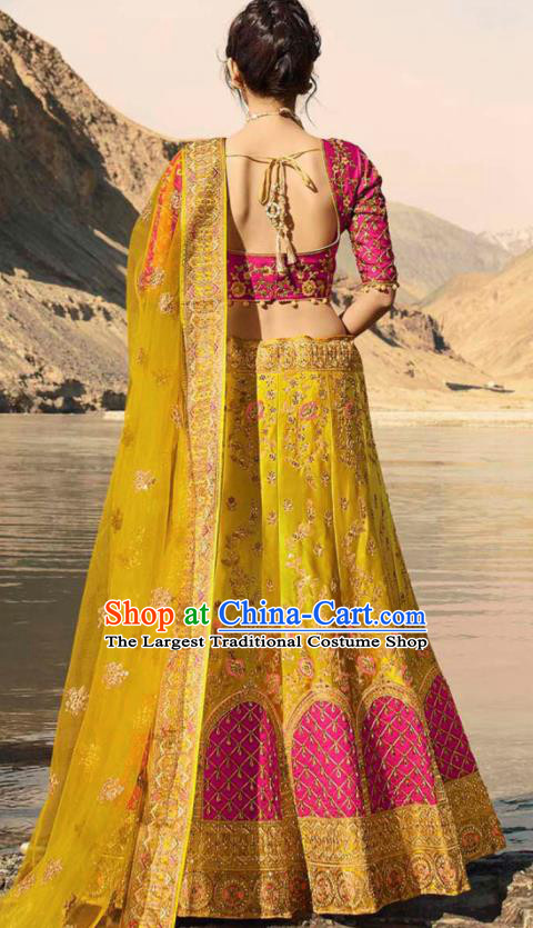 Indian Traditional Lehenga Embroidered Yellow Dress Asian India National Festival Costumes for Women