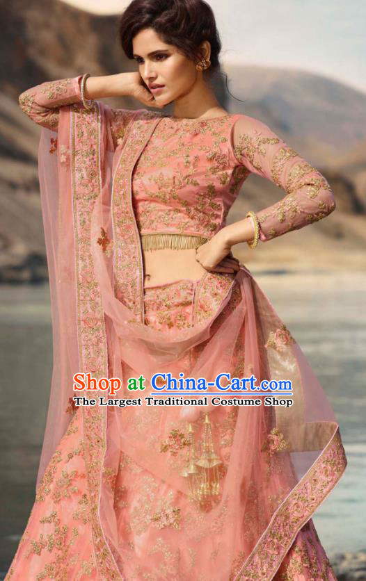 Indian Traditional Lehenga Embroidered Pink Dress Asian India National Festival Costumes for Women
