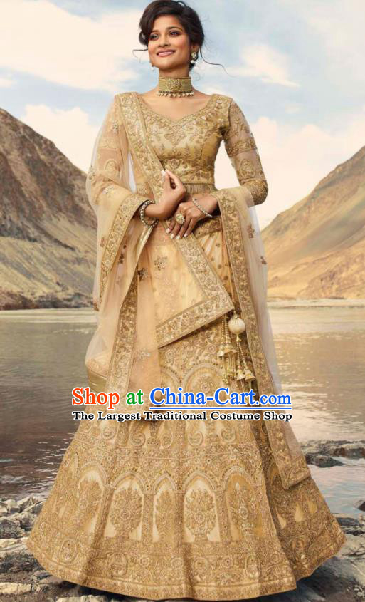 Indian Traditional Lehenga Embroidered Golden Dress Asian India National Festival Costumes for Women