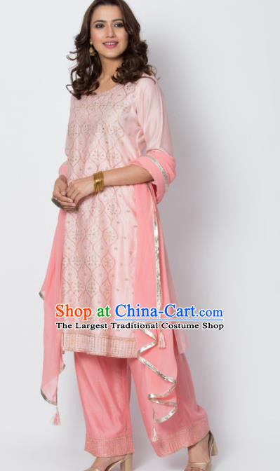 Asian Indian Punjabis Pink Cotton Silk Blouse and Skirt India Traditional Lehenga Choli Costumes Complete Set for Women