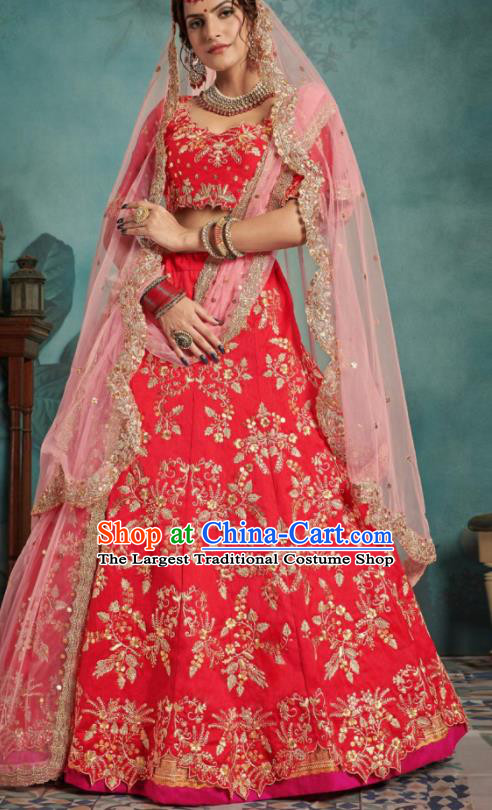 Indian Traditional Court Wedding Lehenga Bollywood Embroidered Rosy Dress Asian India National Festival Costumes for Women