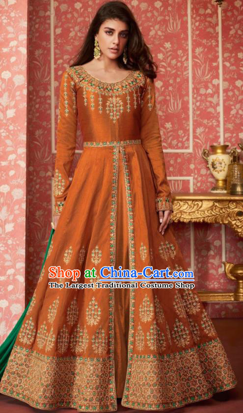 Indian Traditional Court Bollywood Embroidered Orange Silk Anarkaili Dress Asian India National Festival Costumes for Women