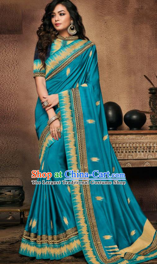 Indian Traditional Court Bollywood Blue Satin Sari Dress Asian India National Festival Costumes for Women