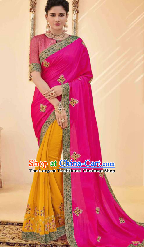 Traditional Indian Saree Rosy and Yellow Silk Sari Dress Asian India National Festival Bollywood Costumes for Women
