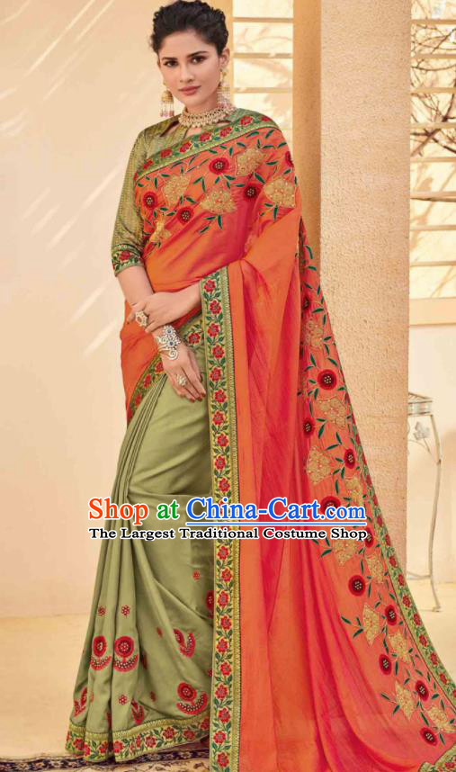 Traditional Indian Saree Olive Green and Orange Silk Sari Dress Asian India National Festival Bollywood Costumes for Women