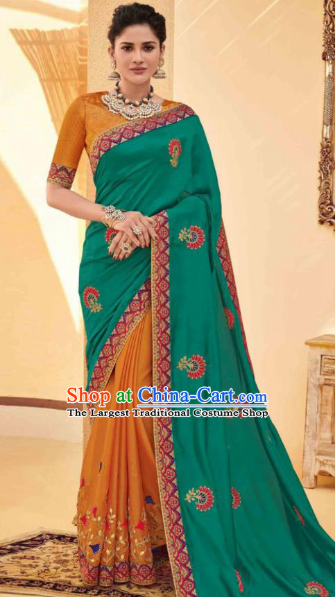 Traditional Indian Saree Orange and Green Silk Sari Dress Asian India National Festival Bollywood Costumes for Women