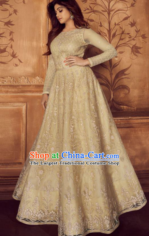 Indian Traditional Court Embroidered Apricot Anarkali Dress Asian India National Festival Costumes for Women